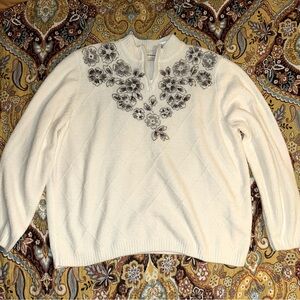 Alfred Dunner White Half Zip Flower Embellishments Women’s 1X